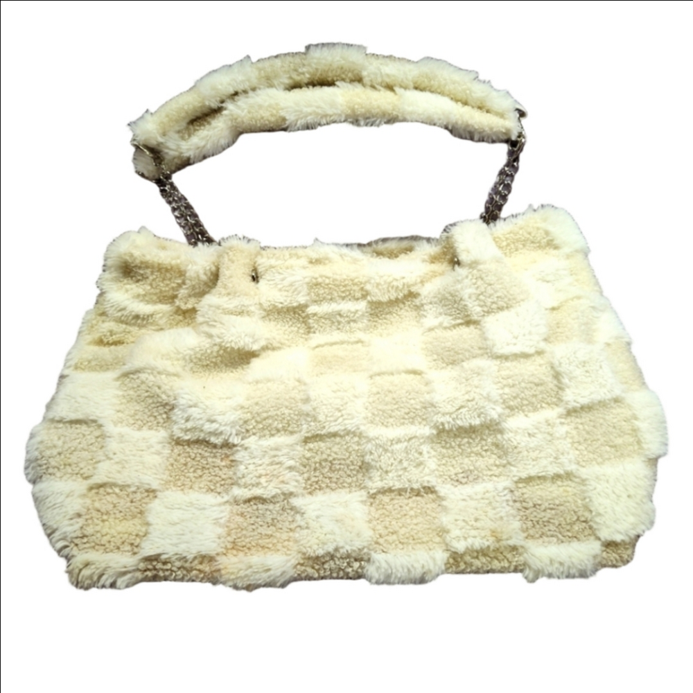 Cream Tan Color Block Fuzzy Shoulder Bag Silver Chain